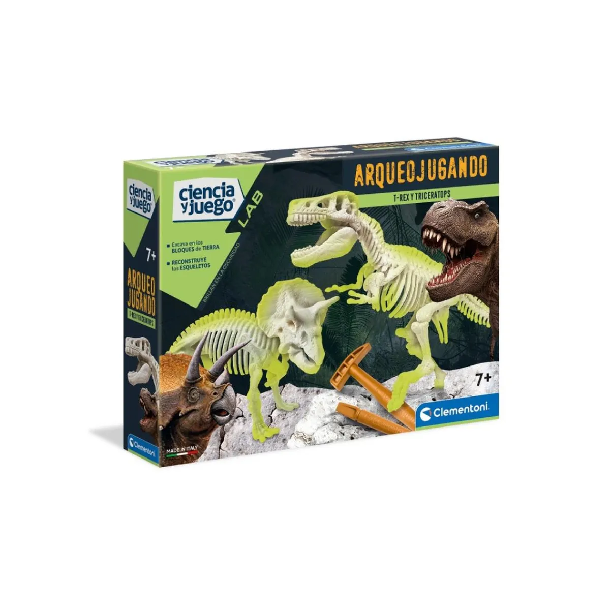 Archeojugando T-Rex y Triceratops fosforescentes*CLEMENTONI Discount