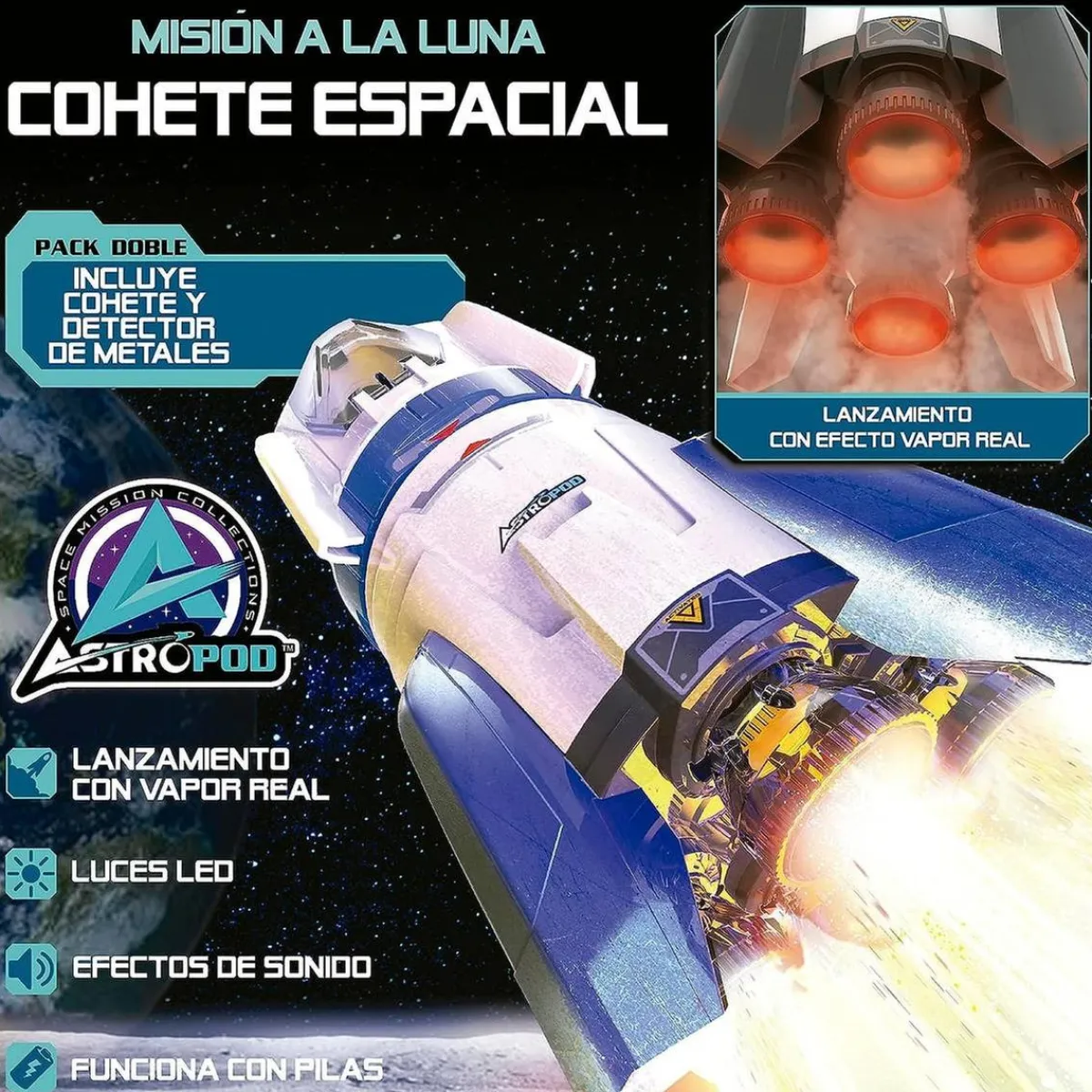 New Cohete espacial construye y juega con luces y sonido, vehículo lunar y detector de metales real Steam
