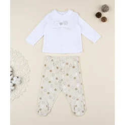 Conjunto 2 piezas de bebé en terciopelo blanco y beige con ositos*Prenatal Sale