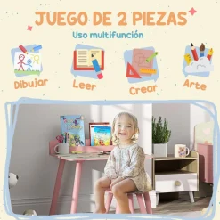 Conjunto de mesa y silla con estante integrado Rosa*AIYAPLAY Outlet