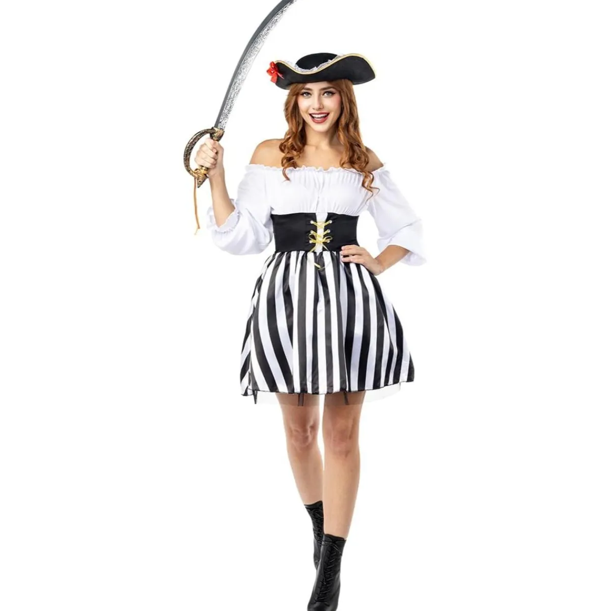 Hot Disfraz de Pirata a rayas para mujer - Colección blanco y negro - Talla M Disfraces|Halloween