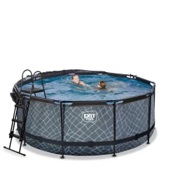 Exit - Piscina Stone efecto piedra gris diámetro 360 x 122 cm con filtro de arena, cúpula transparente y bomba de calor*Exit Toys Online