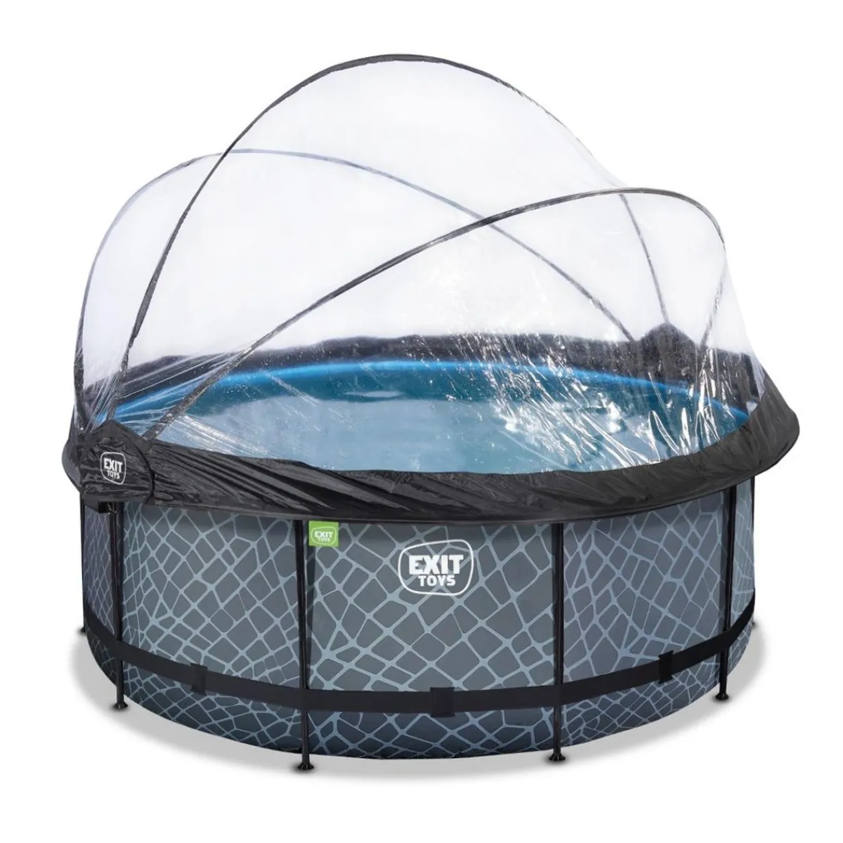 Exit - Piscina Stone efecto piedra gris diámetro 360 x 122 cm con filtro de arena y cúpula transparente*Exit Toys New