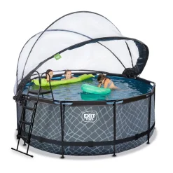 Exit - Piscina Stone efecto piedra gris diámetro 360 x 122 cm con filtro de arena y cúpula transparente*Exit Toys New