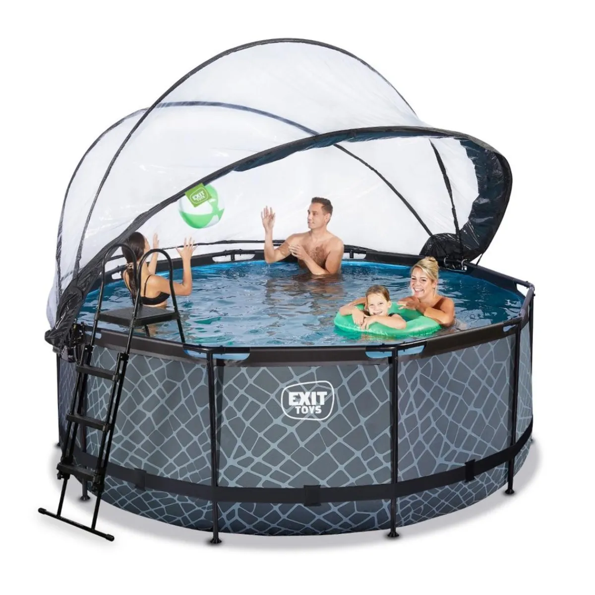 Exit - Piscina Stone efecto piedra gris diámetro 360 x 122 cm con filtro de arena y cúpula transparente*Exit Toys New
