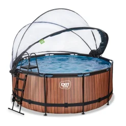 Hot Exit - Piscina Wood efecto madera marrón diámetro 360 x 122 cm con filtro de arena, cúpula transparente y bomba de calor Piscinas|Juguetes De Verano