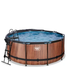 Hot Exit - Piscina Wood efecto madera marrón diámetro 360 x 122 cm con filtro de arena, cúpula transparente y bomba de calor Piscinas|Juguetes De Verano