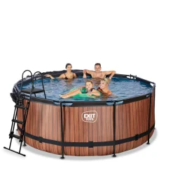 Hot Exit - Piscina Wood efecto madera marrón diámetro 360 x 122 cm con filtro de arena, cúpula transparente y bomba de calor Piscinas|Juguetes De Verano