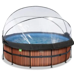 Exit - Piscina Wood efecto madera diámetro 427 x 122 cm con filtro de arena, cúpula y bomba de calor*Exit Toys