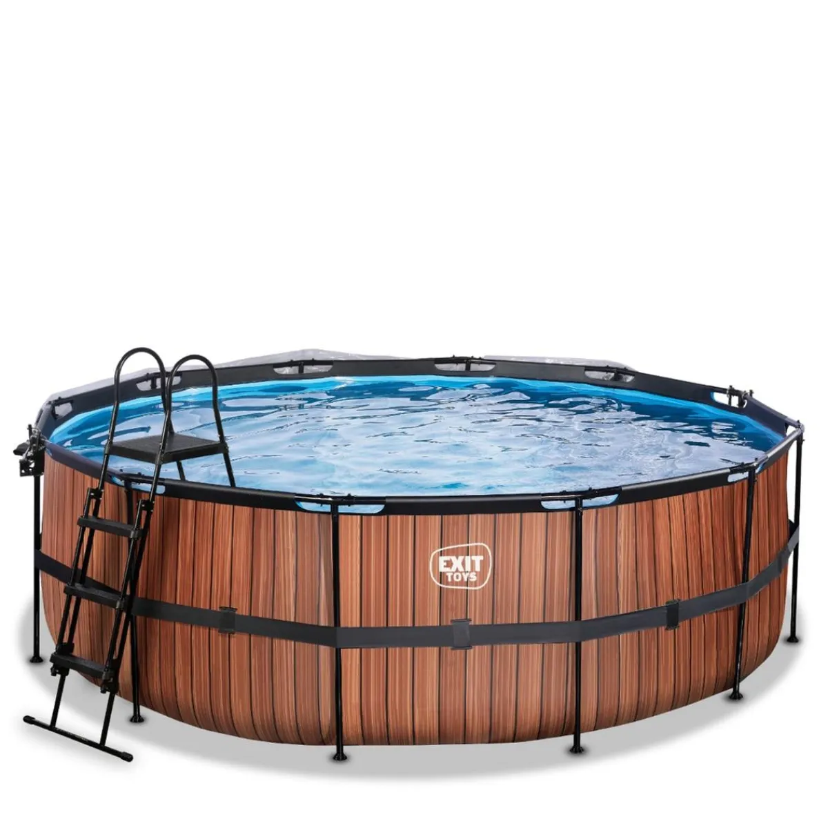 Exit - Piscina Wood efecto madera diámetro 427 x 122 cm con filtro de arena, cúpula y bomba de calor*Exit Toys