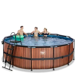 Exit - Piscina Wood efecto madera diámetro 427 x 122 cm con filtro de arena, cúpula y bomba de calor*Exit Toys