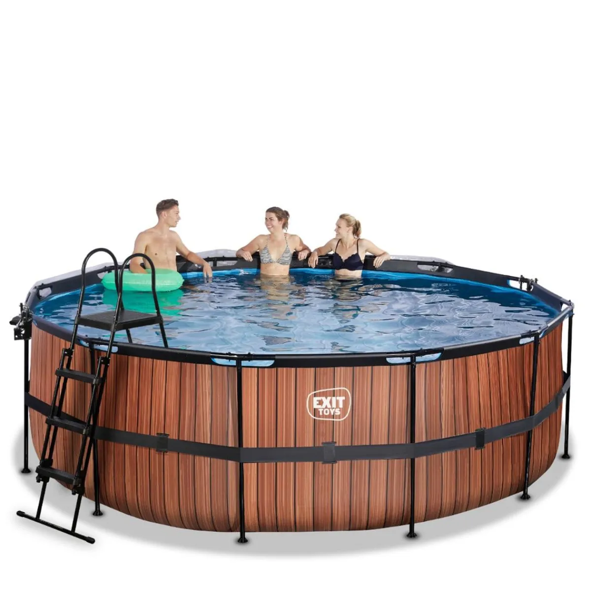 Exit - Piscina Wood efecto madera diámetro 427 x 122 cm con filtro de arena, cúpula y bomba de calor*Exit Toys