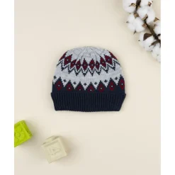 Gorro tricot azul y gris con grecas para niño*Prenatal