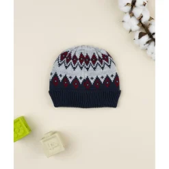 Gorro tricot azul y gris con grecas para niño*Prenatal