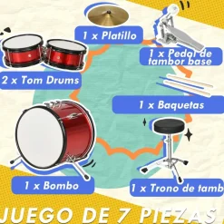 New Homcom - Batería con taburete Rojo Música|Electrónicos