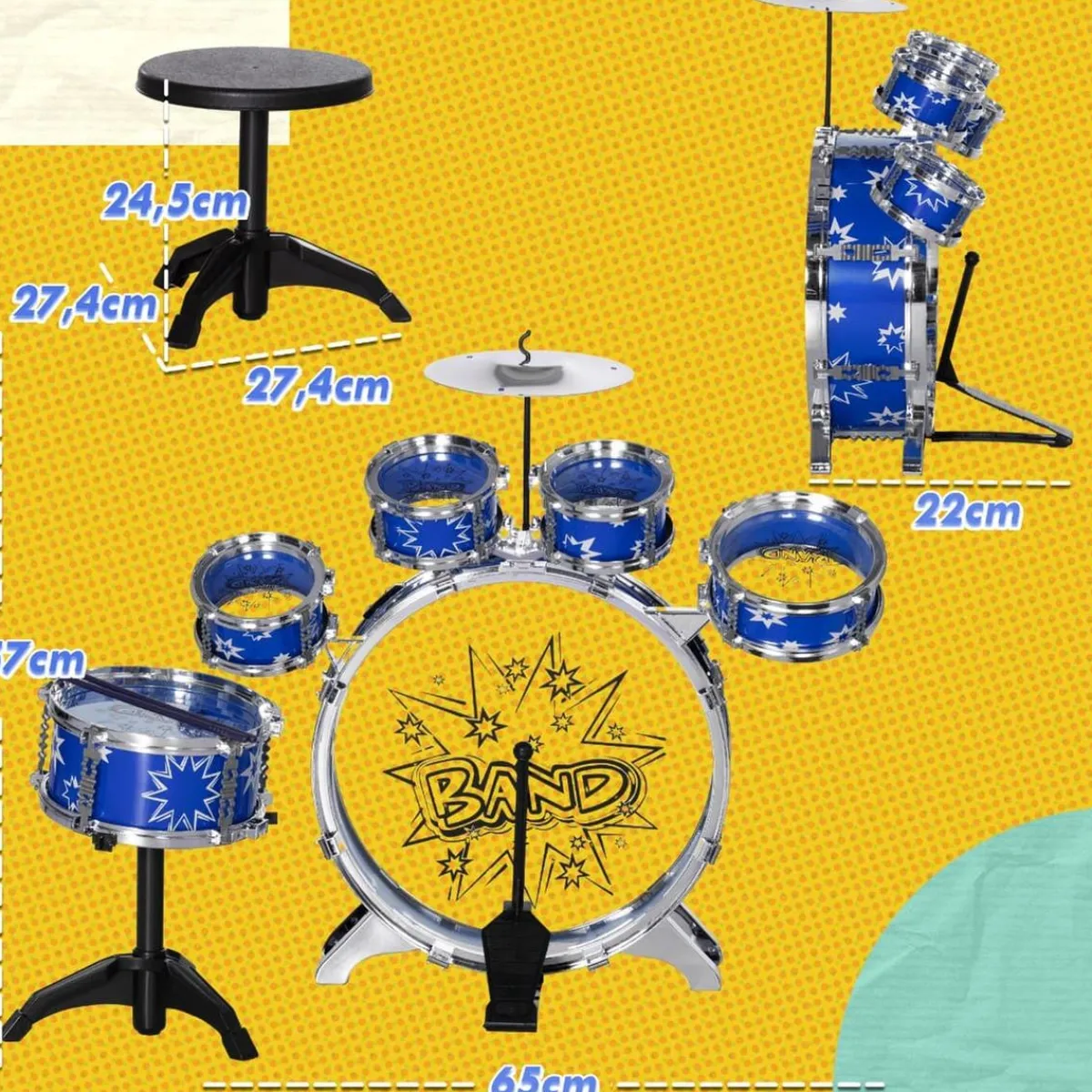 Homcom - Batería infantil 7 piezas con taburete Azul*AIYAPLAY Discount