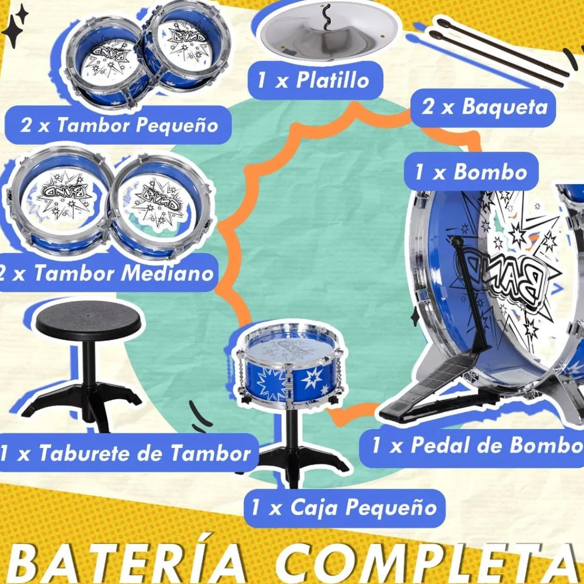Homcom - Batería infantil 7 piezas con taburete Azul*AIYAPLAY Discount