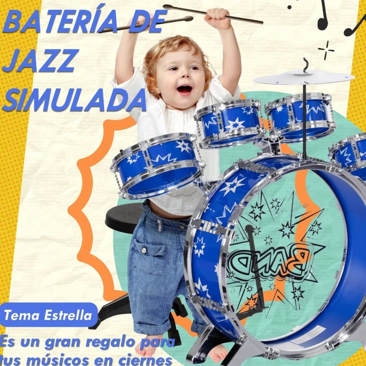 Homcom - Batería infantil 7 piezas con taburete Azul*AIYAPLAY Discount