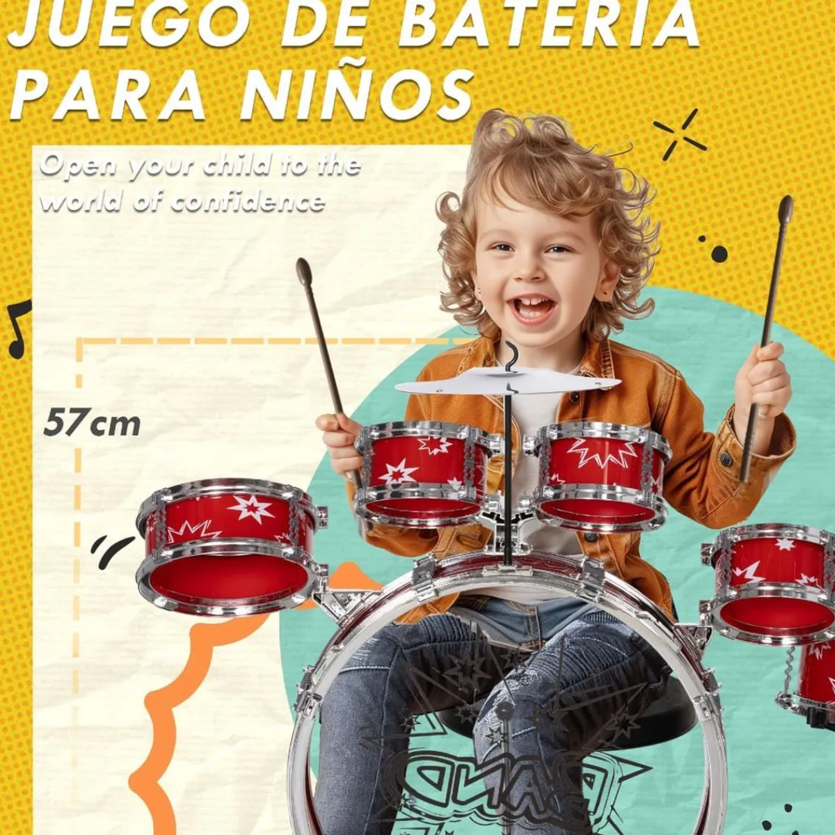 Homcom - Batería infantil 7 piezas con taburete Rojo*AIYAPLAY New