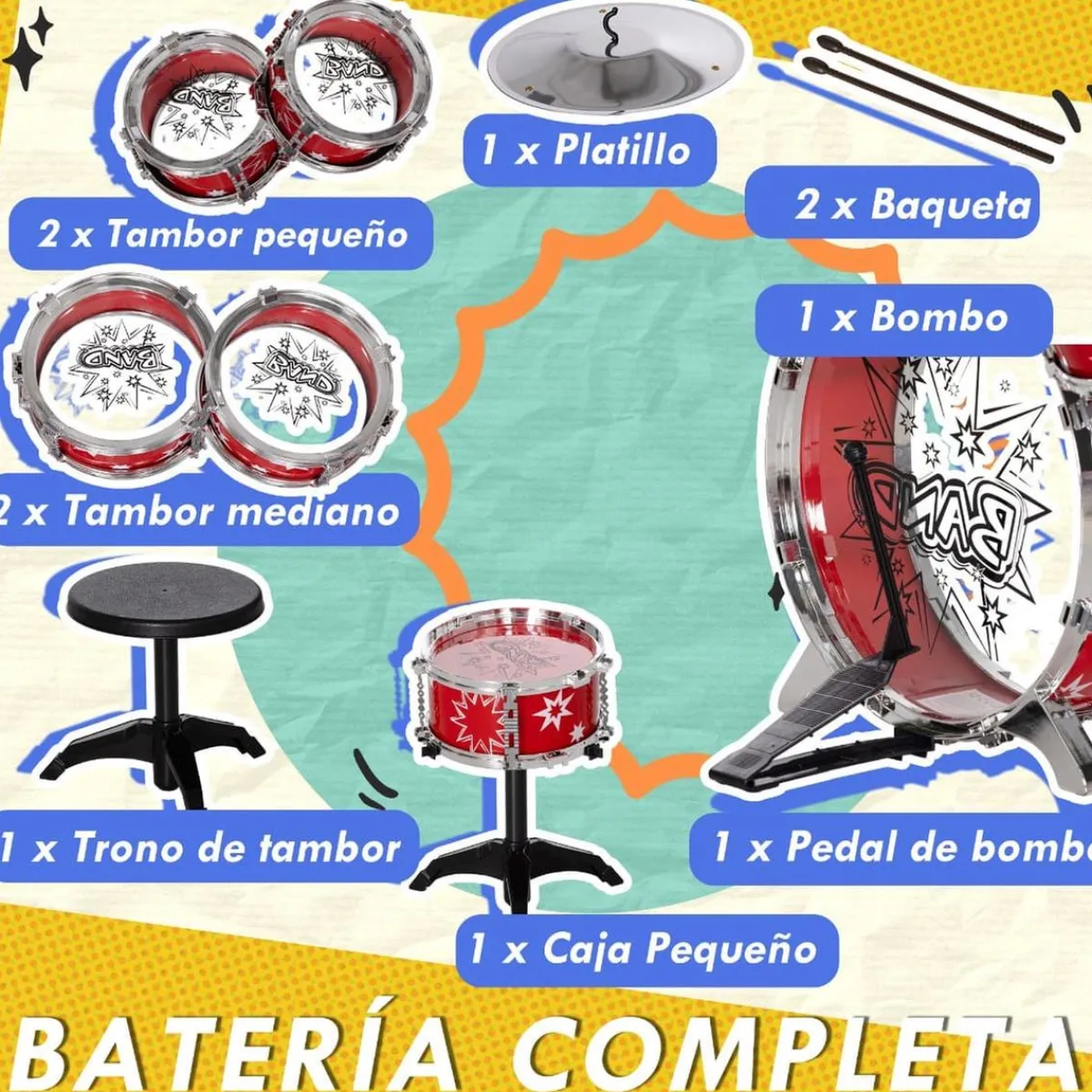 Homcom - Batería infantil 7 piezas con taburete Rojo*AIYAPLAY New