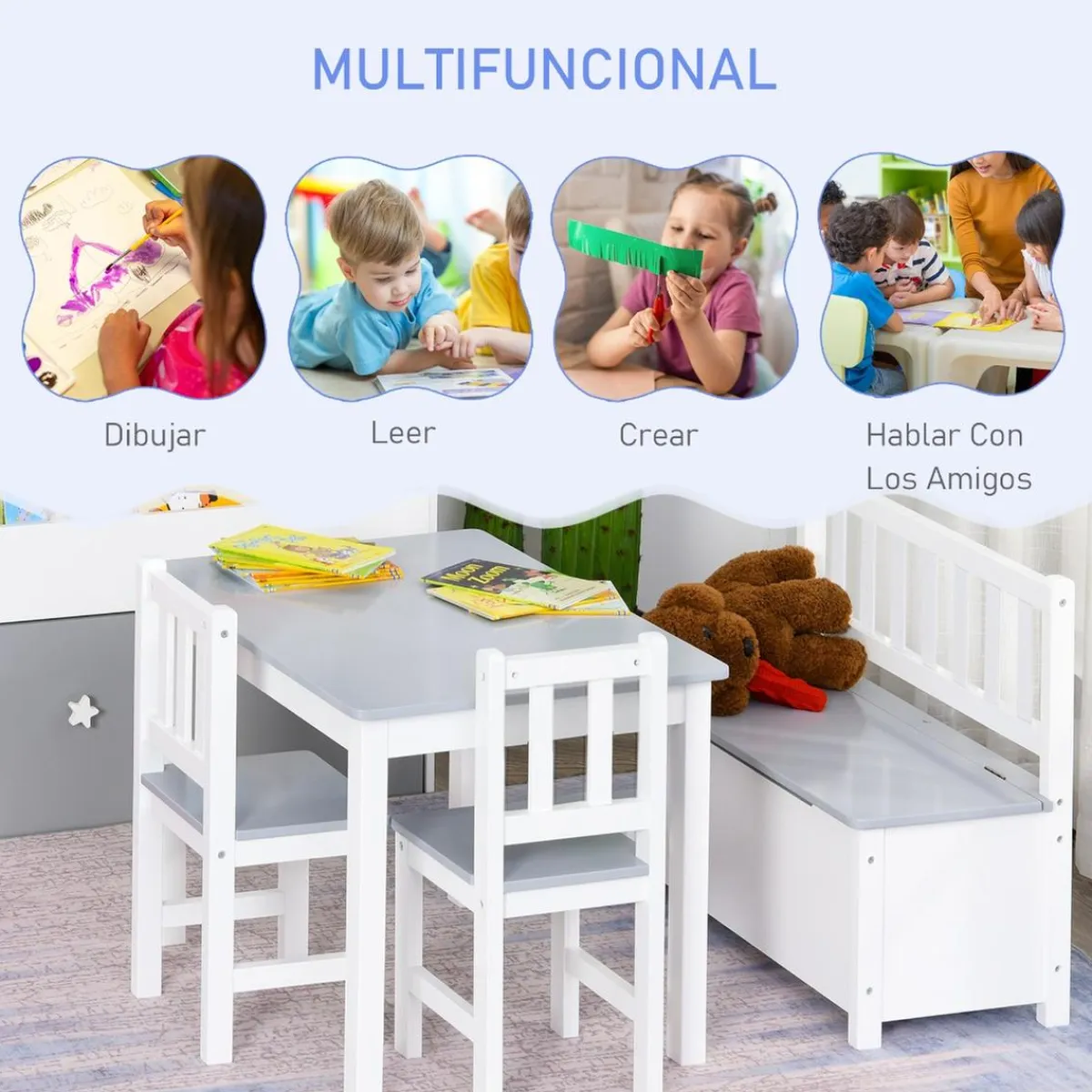 Outlet - Conjunto Infantil Mesa + Banco + 2 sillas madera Estilo De Vida