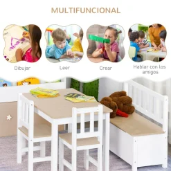 - Conjunto Mesa + Banco + 2 sillas infantiles Madera*Homcom Online