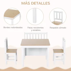 - Conjunto Mesa + Banco + 2 sillas infantiles Madera*Homcom Online