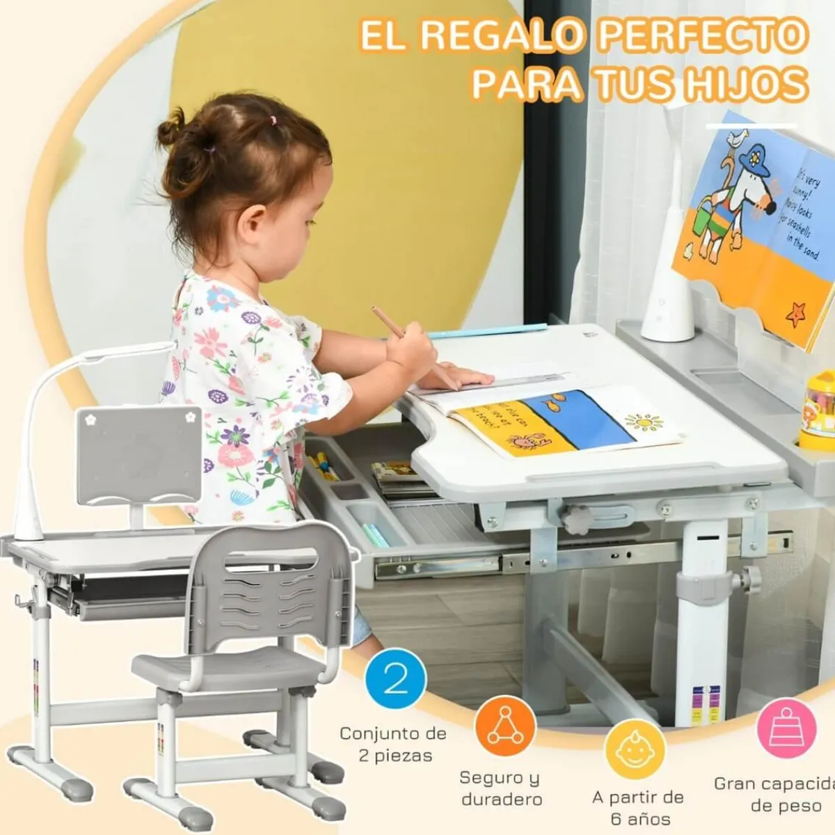 Sale - Conjunto Pupitre reclinable + Silla Gris con lámpara Estilo De Vida