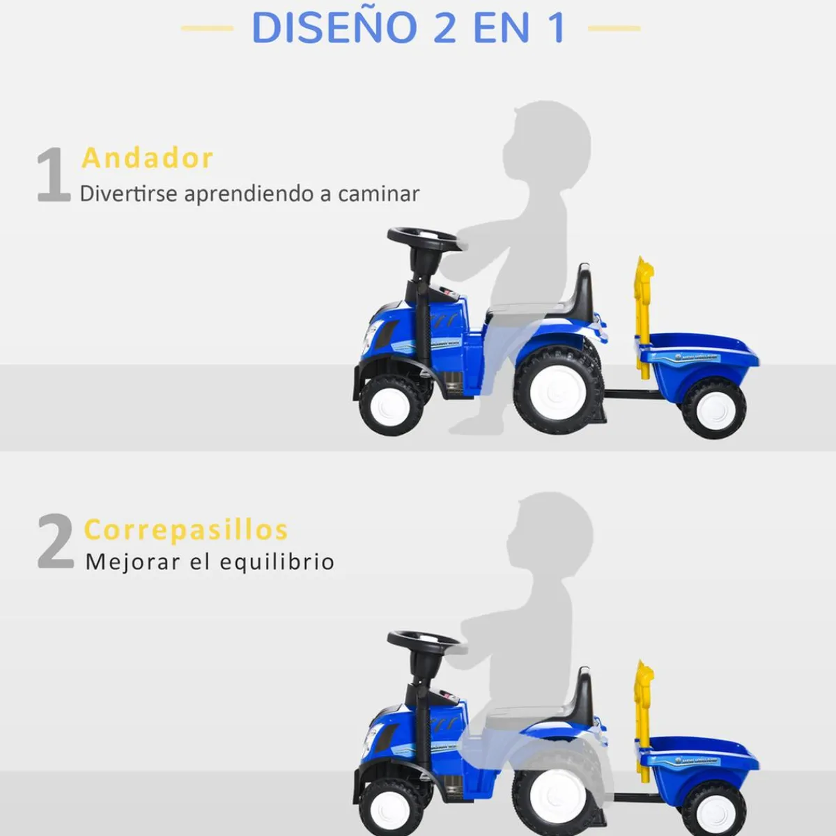 Discount - Correpasillos Tractor con remolque y herramientas Azul Vehículos De Batería O A Pedales