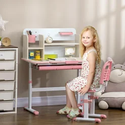 Outlet - Escritorio con estante y silla con altura ajustable Blanco y Rosa Estilo De Vida