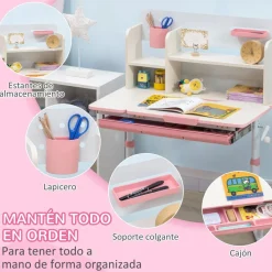 Outlet - Escritorio con estante y silla con altura ajustable Blanco y Rosa Estilo De Vida