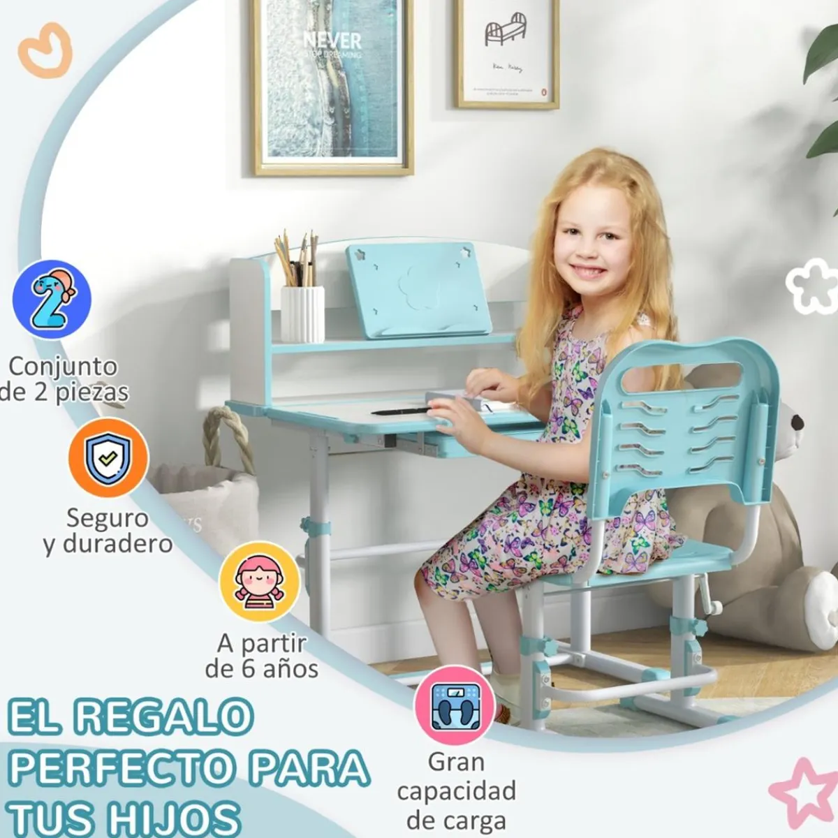 - Escritorio y silla ajustable Azul y Blanco Estilo De Vida