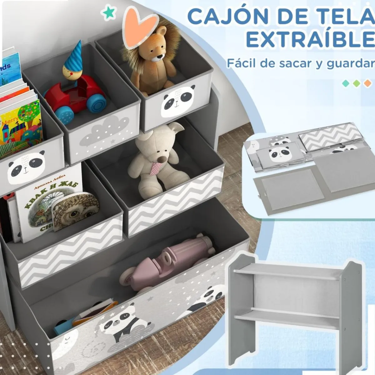 Outlet Homcom - Estantería para juguetes 6 cajas tela Gris Estilo De Vida