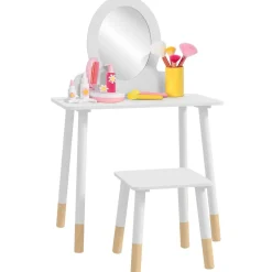 Clearance Homcom - Tocador básico con espejo y taburete madera Blanco Muñecas
