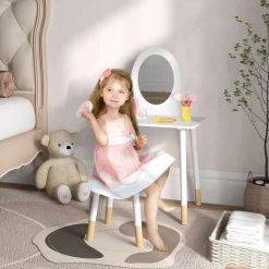 Clearance Homcom - Tocador básico con espejo y taburete madera Blanco Muñecas