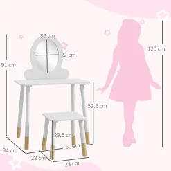 Clearance Homcom - Tocador básico con espejo y taburete madera Blanco Muñecas