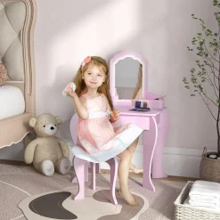 Homcom - Tocador infantil con espejo y taburete madera Rosa*ZONEKIZ Clearance
