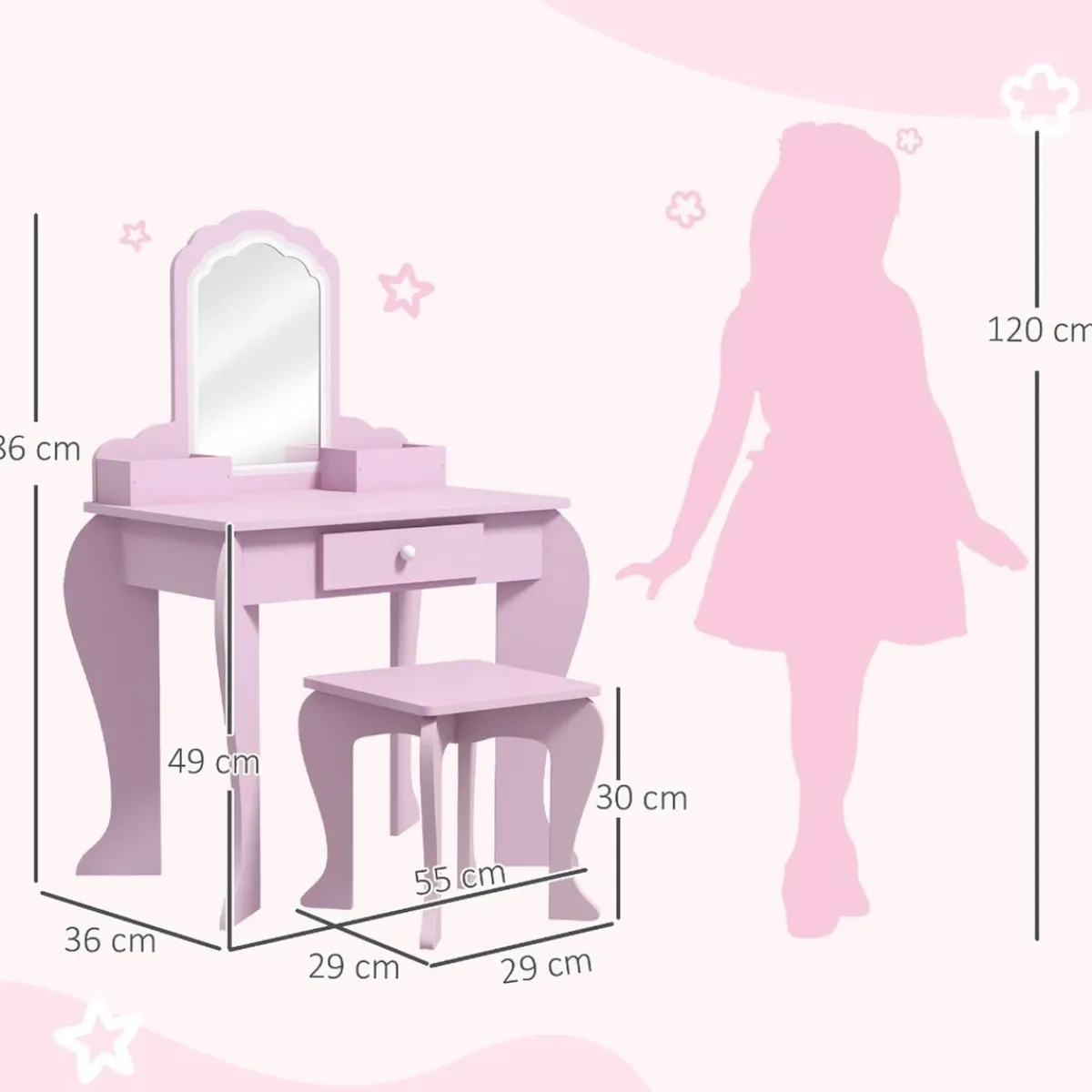 Homcom - Tocador infantil con espejo y taburete madera Rosa*ZONEKIZ Clearance