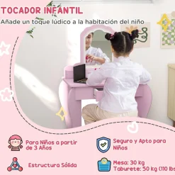 Homcom - Tocador infantil con espejo y taburete madera Rosa*ZONEKIZ Clearance