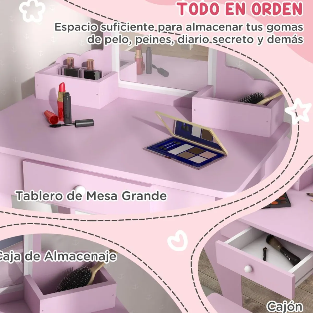 Homcom - Tocador infantil con espejo y taburete madera Rosa*ZONEKIZ Clearance