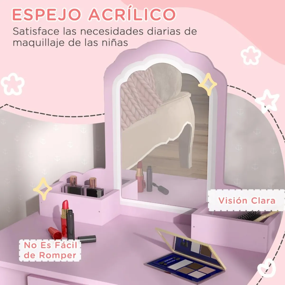 Homcom - Tocador infantil con espejo y taburete madera Rosa*ZONEKIZ Clearance
