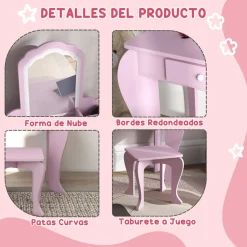 Homcom - Tocador infantil con espejo y taburete madera Rosa*ZONEKIZ Clearance