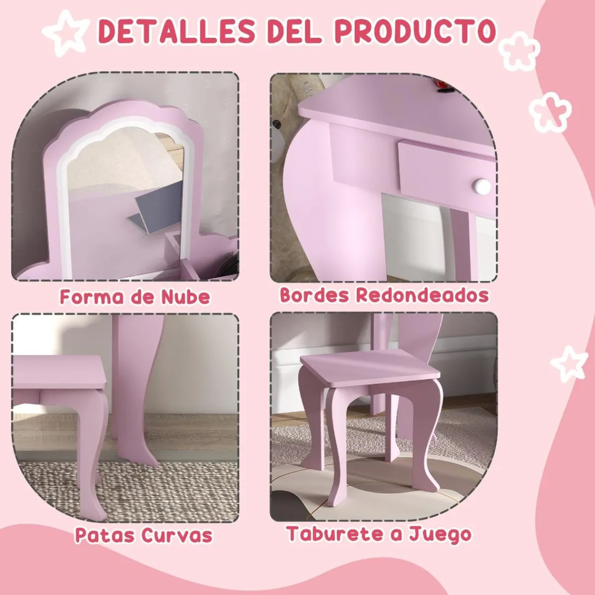 Homcom - Tocador infantil con espejo y taburete madera Rosa*ZONEKIZ Clearance