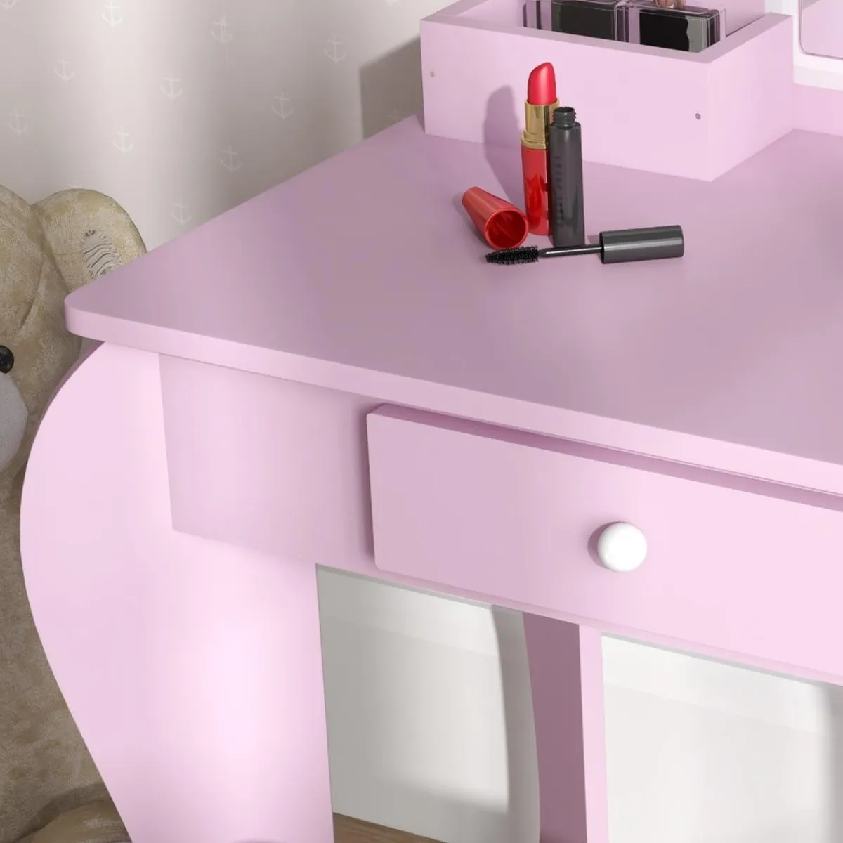 Homcom - Tocador infantil con espejo y taburete madera Rosa*ZONEKIZ Clearance