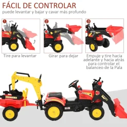 Outlet - Tractor excavadora a pedales con remolque rojo Vehículos De Batería O A Pedales