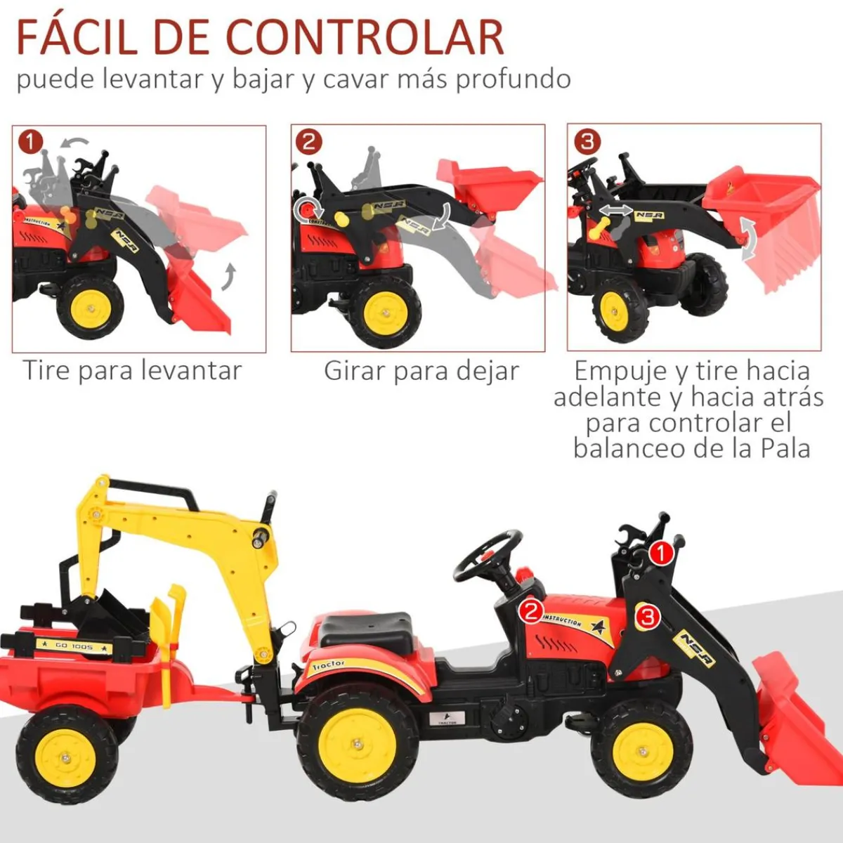 Outlet - Tractor excavadora a pedales con remolque rojo Vehículos De Batería O A Pedales