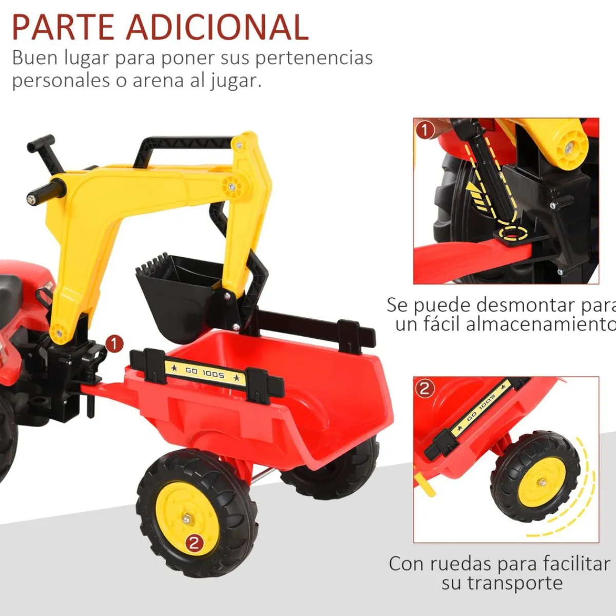 Outlet - Tractor excavadora a pedales con remolque rojo Vehículos De Batería O A Pedales