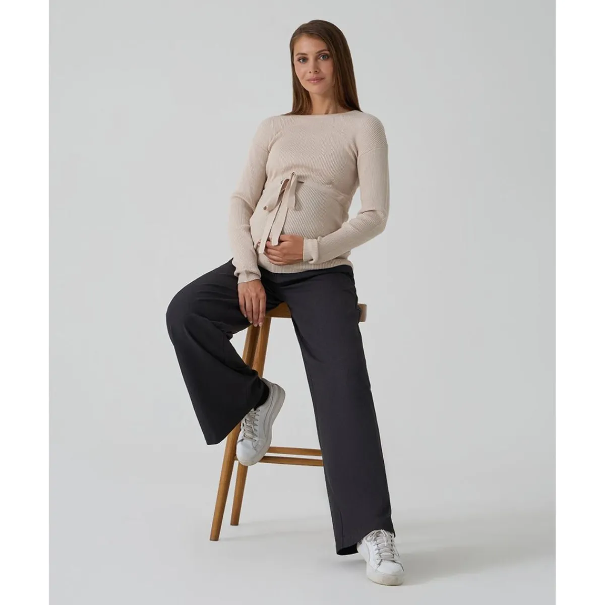 Outlet Jersey premamá beige de punto canalé con cordón ajustable Premamá·Moda|Moda·Prendas De Punto