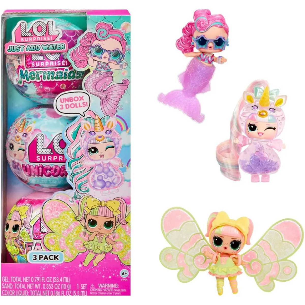 New L.O.L. Surprise - Just add Water - Pack 3 muñecas fantasía (sirena, hada y unicornio) Coleccionables Y Mini Mundos