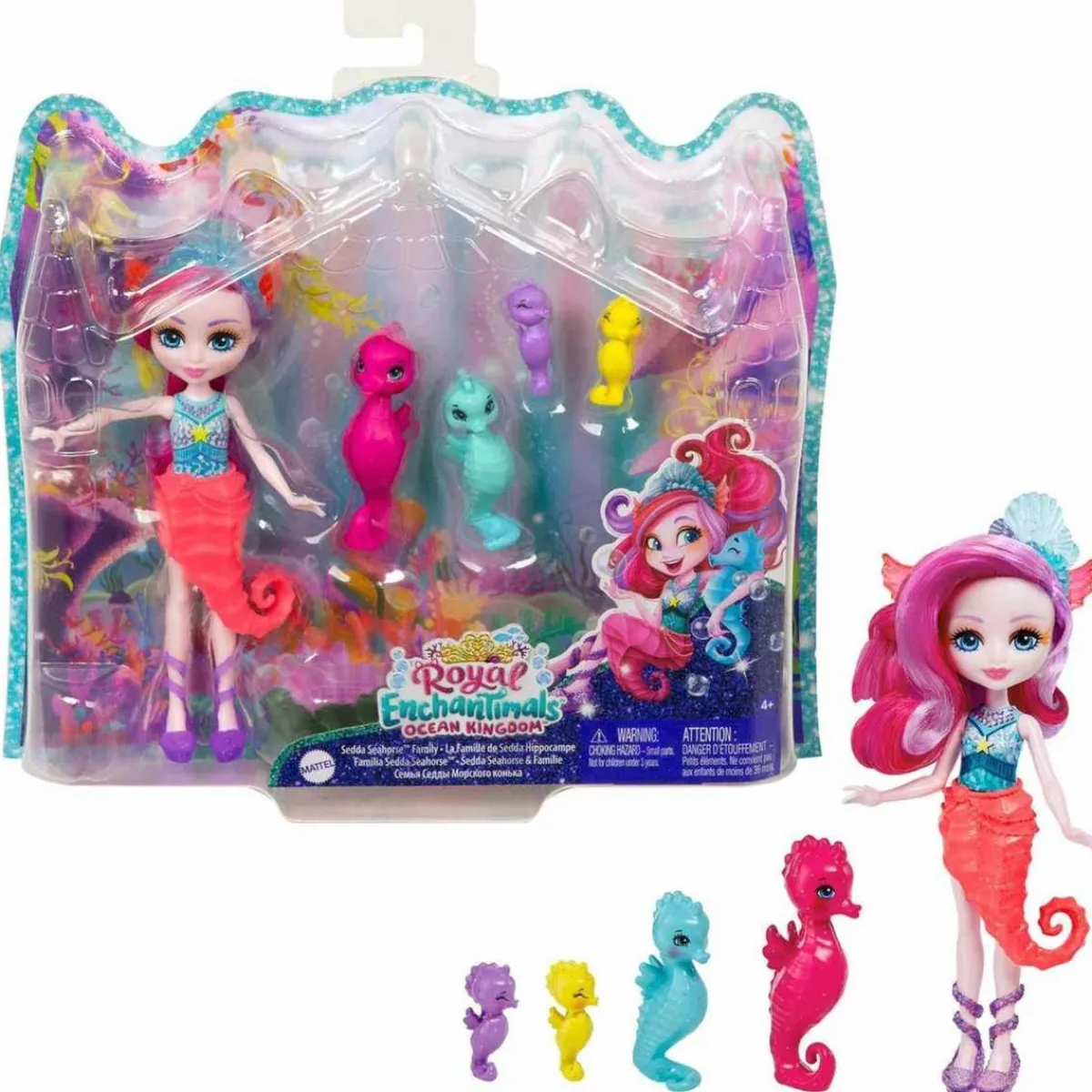 - Enchantimals - Ocean Kingdom muñeca Sedda Sea Horse con familia de caballitos de mar ㅤ*MATTEL New
